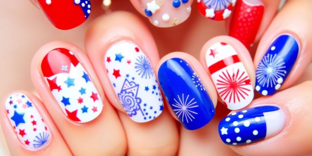 Patriotic nail art with stars and stripes design.
