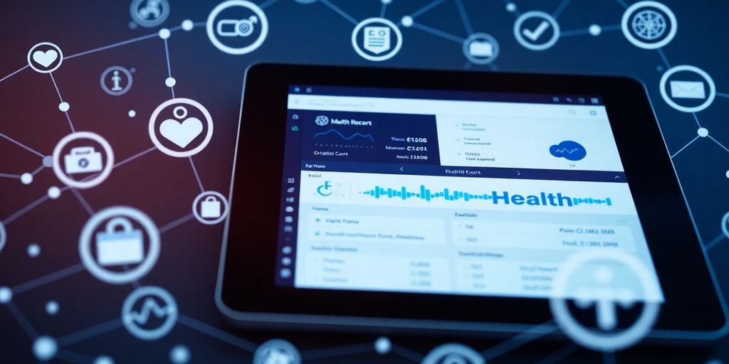 Tablet displaying digital health records with blockchain overlay.
