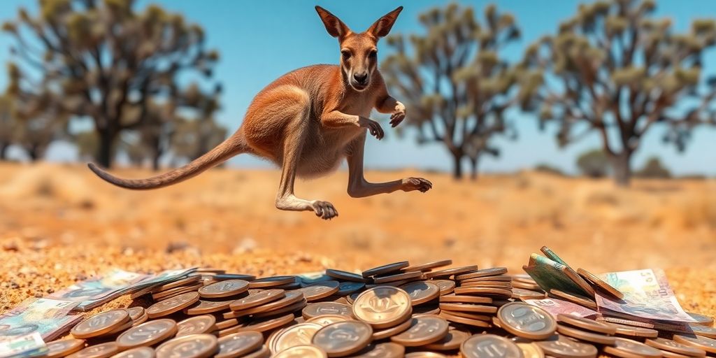 Kangaroo jumping over Australian coins.