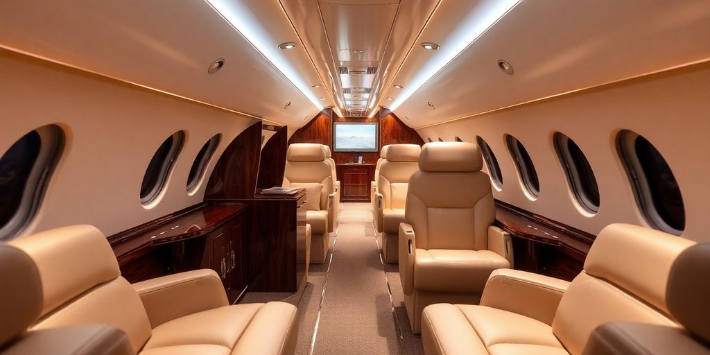 Sleek private jet interior with plush seating.