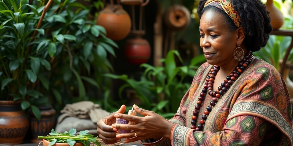 Traditional African healer with herbs in a natural setting.