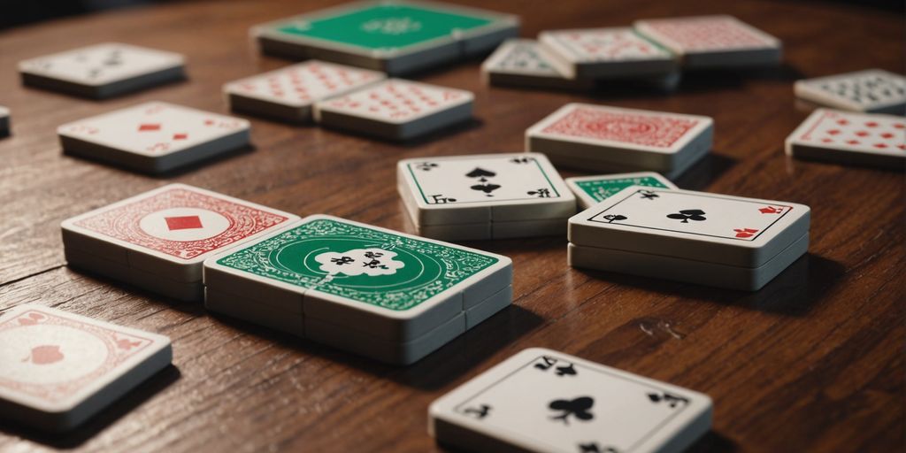 Poker and Mahjong tiles on a wooden table.