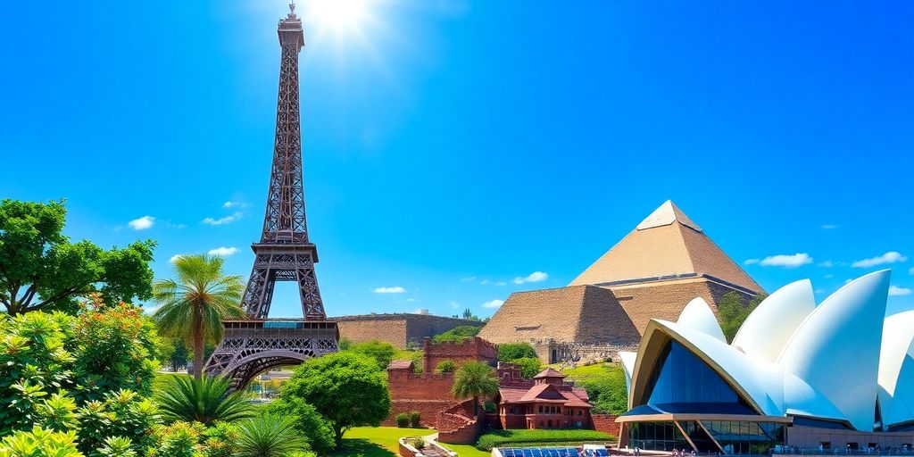 Famous global landmarks under clear blue skies.