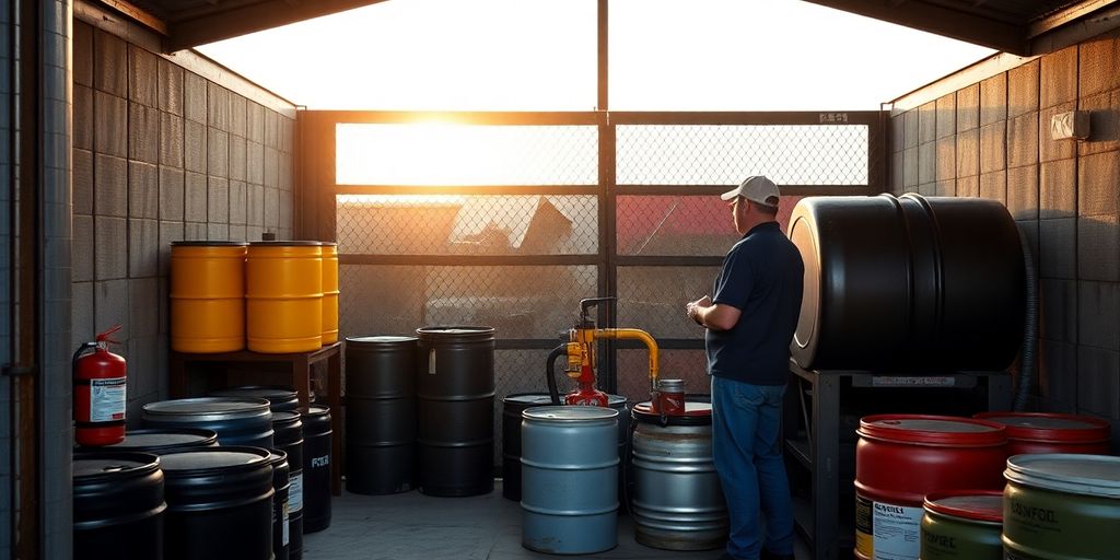 Fuel drums in a secure outdoor shed.