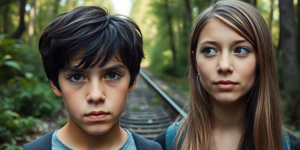 Teenagers, looking, forest, train tracks.