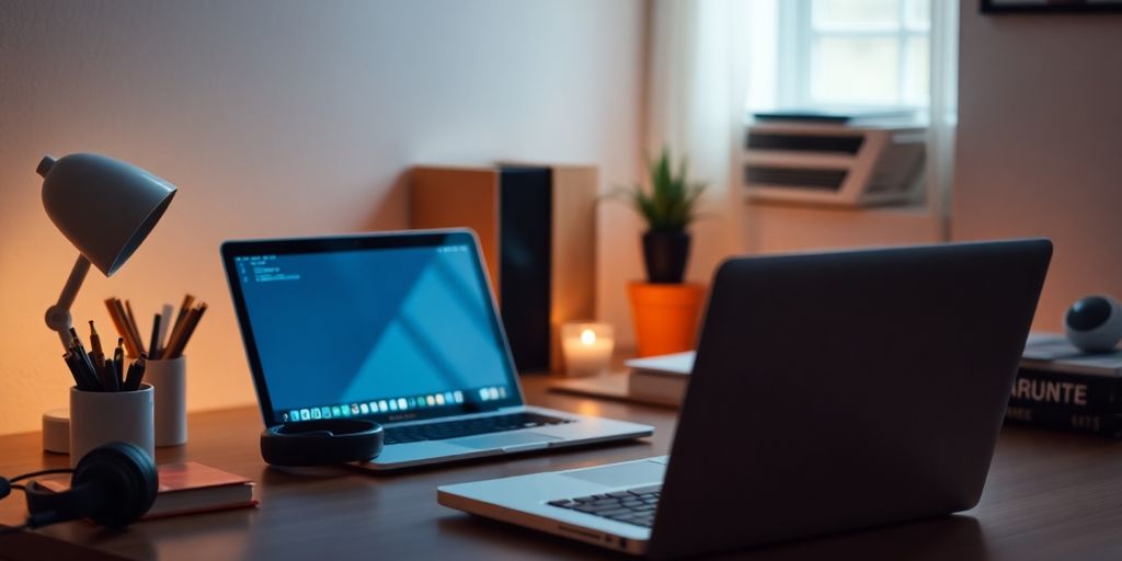 Cozy study space with headphones and laptop for focus.