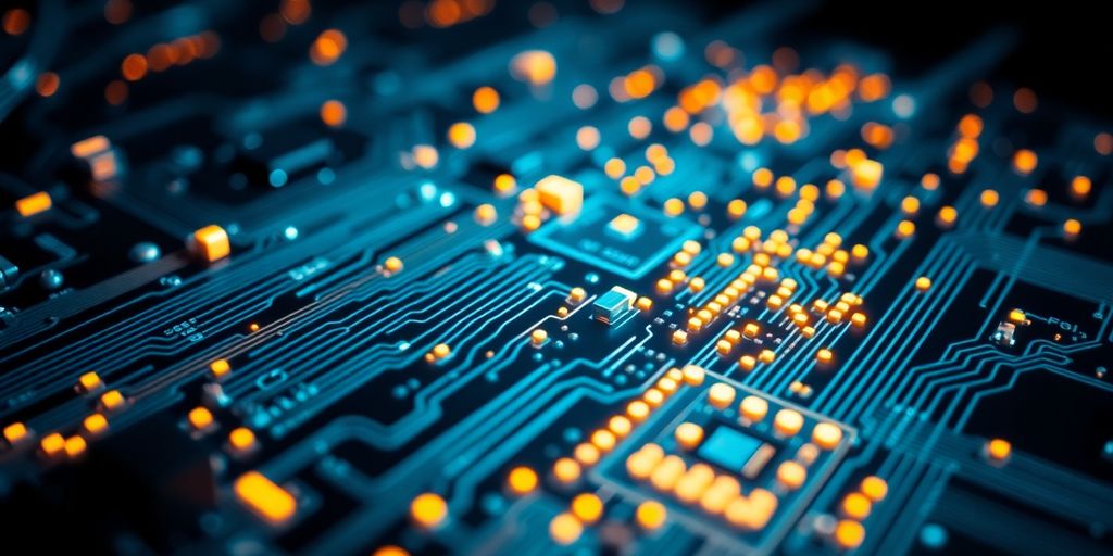 Futuristic circuit board with glowing quantum bits.