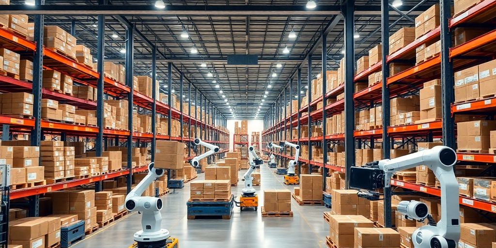 Automated warehouse with robots managing logistics and inventory.