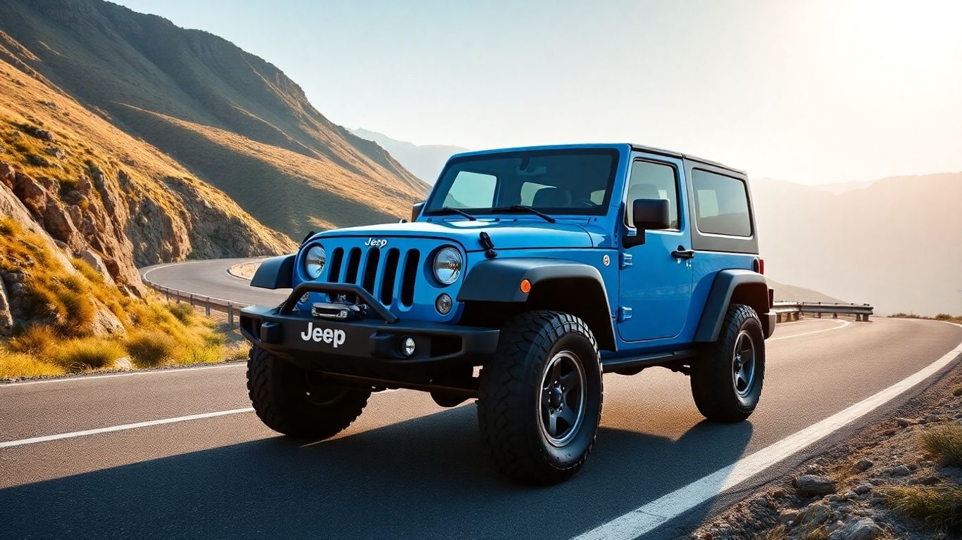 Electric blue Jeep Wrangler driving on a mountain road.