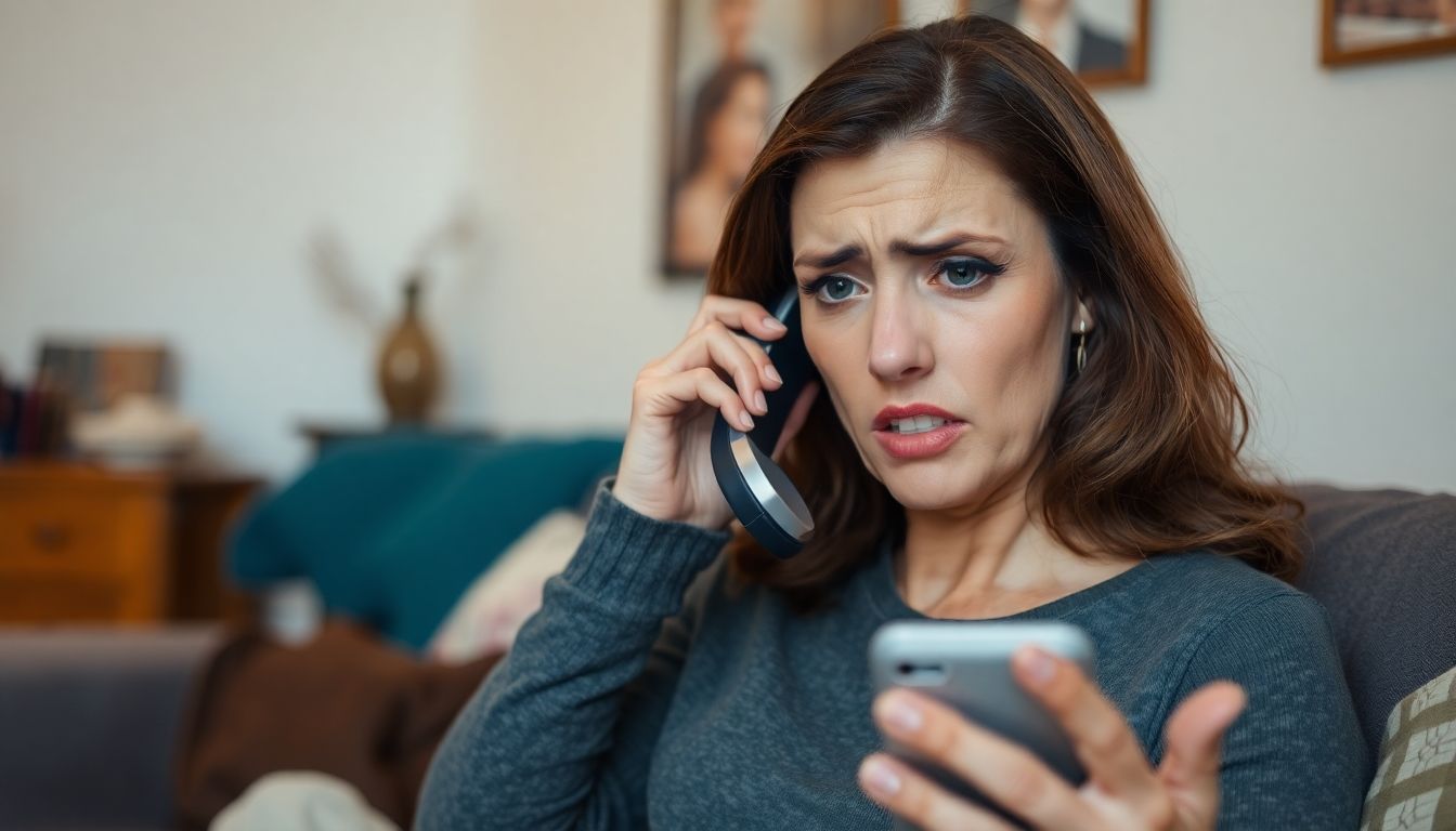 Frustrated woman calling for help against identity theft.