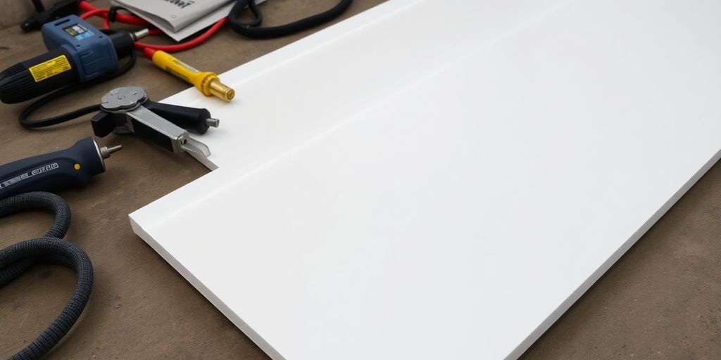 Cut PVC roof panels on a workbench with tools nearby.