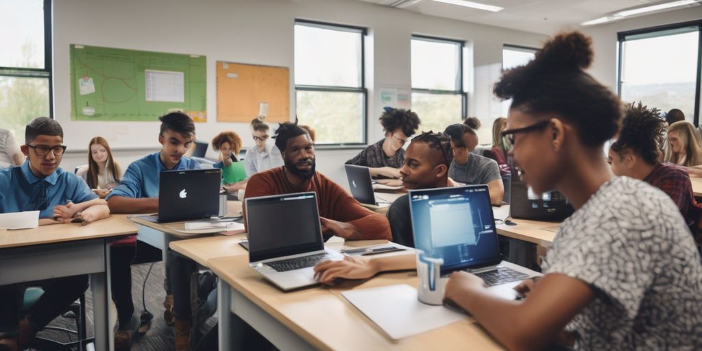 diverse group of people using computers in a modern classroom setting
