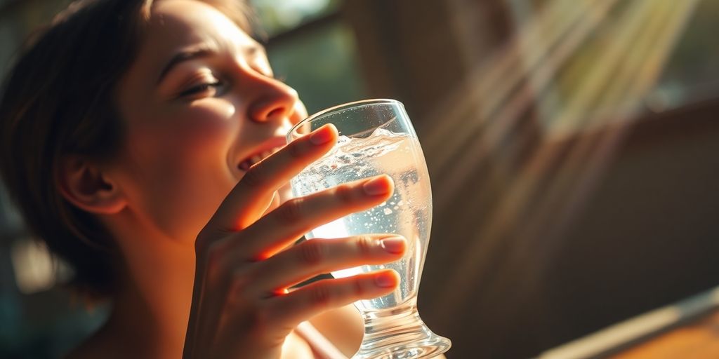Person happily drinking water from a stylish glass.