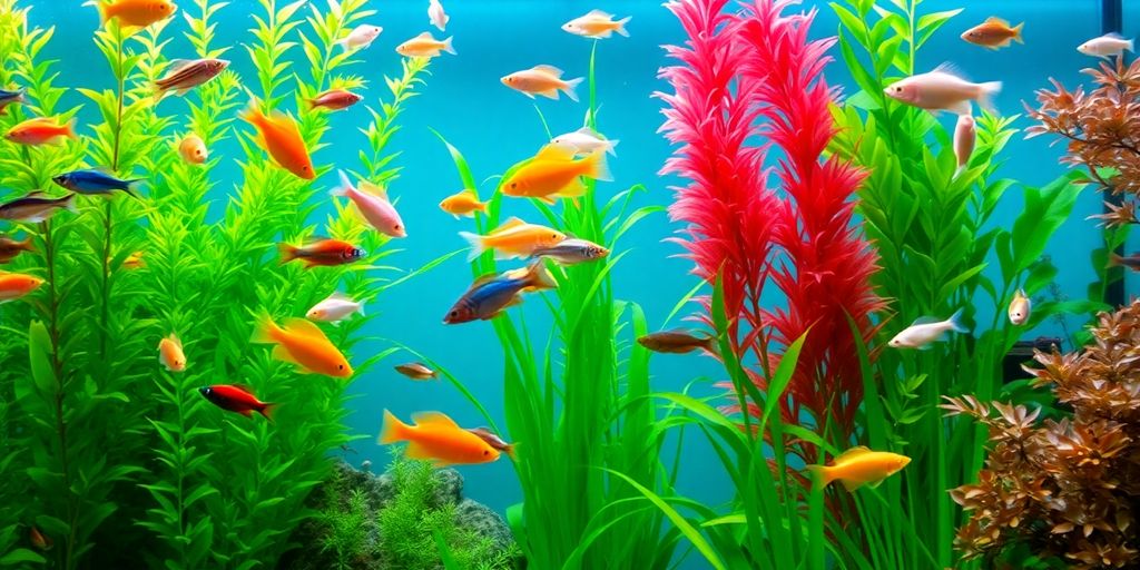 色彩斑斓的鱼在郁郁葱葱的水族箱中游泳。