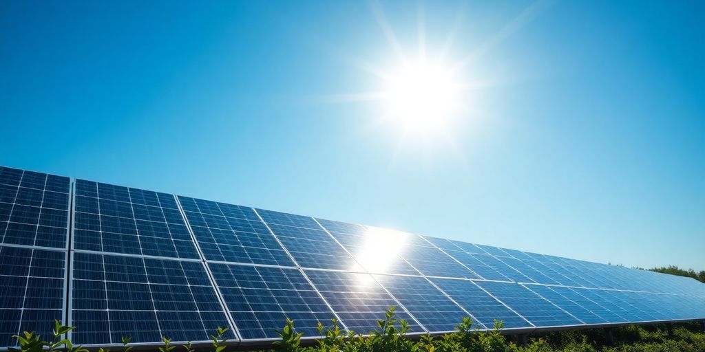 Solar panels in a sunny green landscape under blue sky.