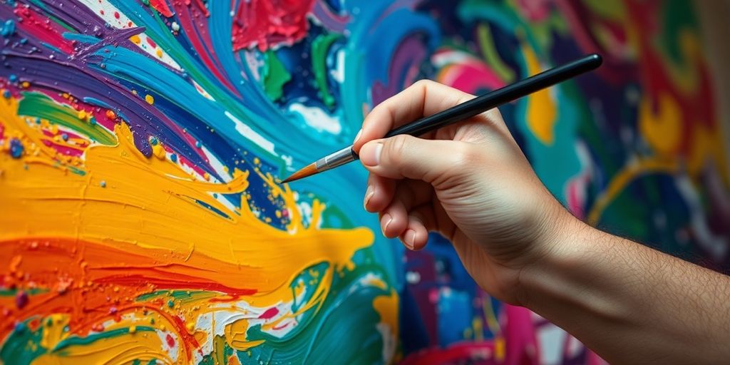 Painter's hand, brush, vibrant canvas.