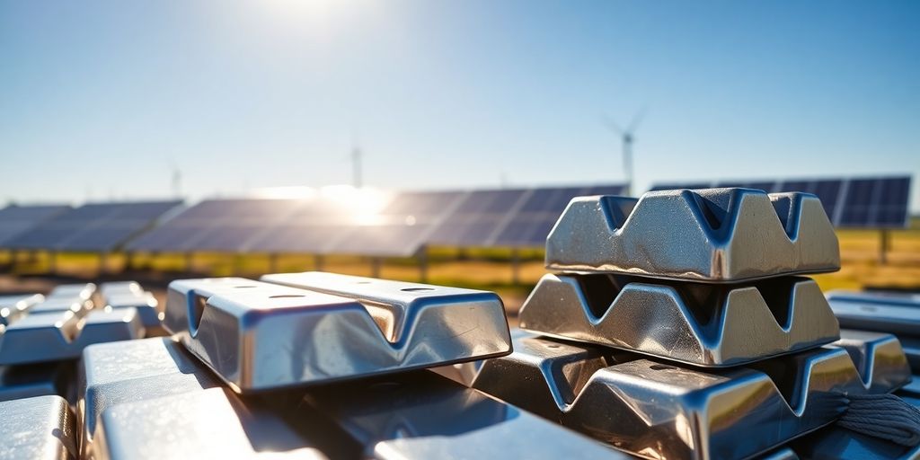 Métal argenté, panneaux solaires, éoliennes