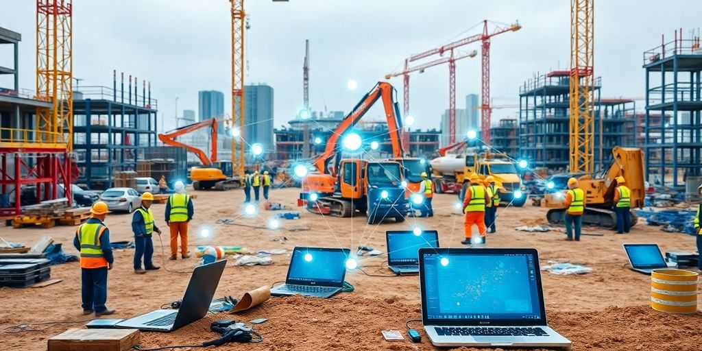 Construction site with connected devices and secure network.