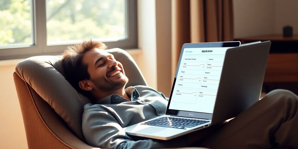 Person relaxing, laptop, job applications, effortless process.