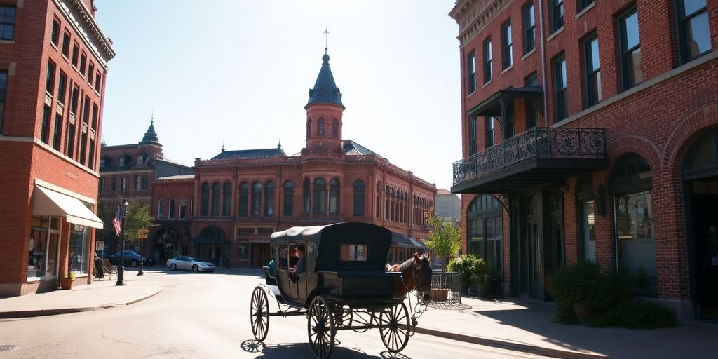 Victorian buildings, brick streets, horse-drawn carriage in Guthrie.