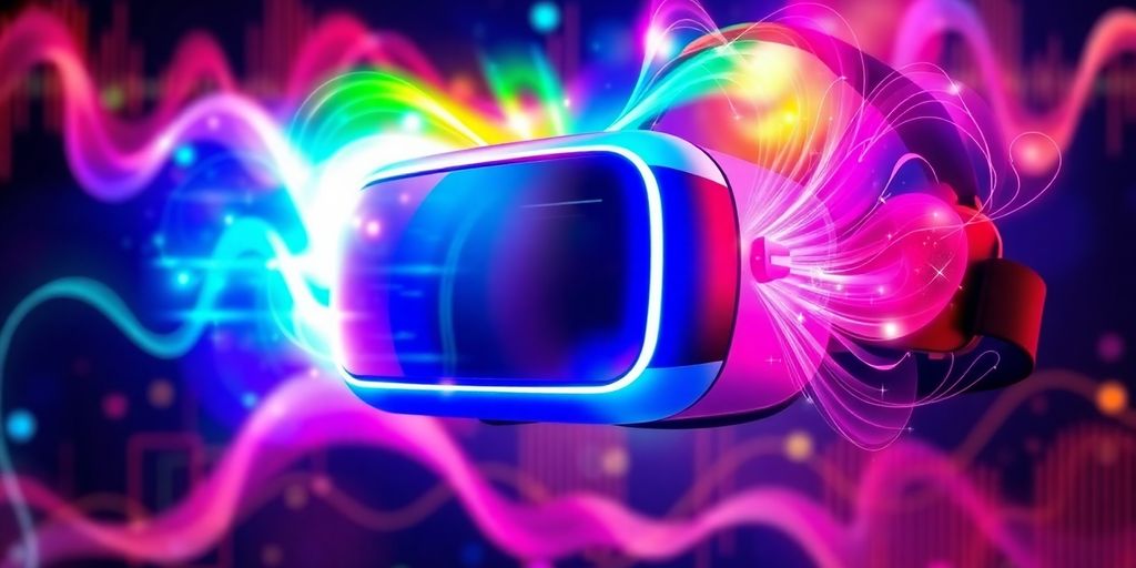 Virtual reality headset with colorful sound waves in music.