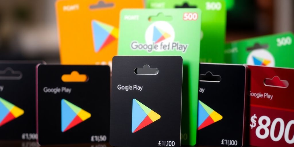 بطاقات هدايا Google Play ملونة بقيم مختلفة.