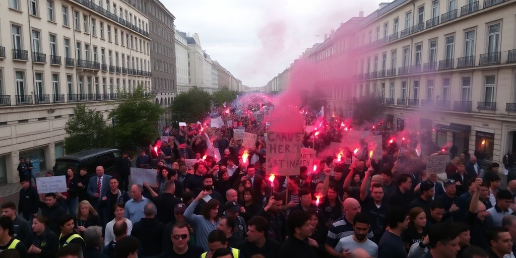 Crowd of protesters in a busy city street.