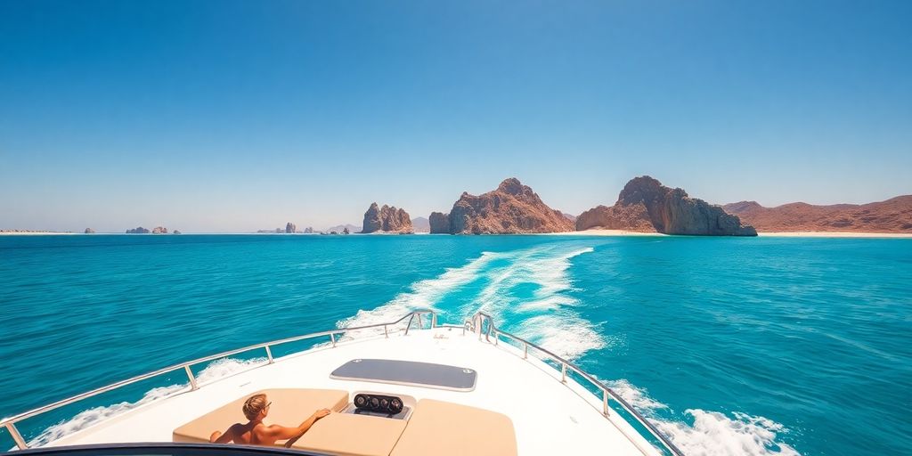Luxury yacht sails calm turquoise Cabo waters.