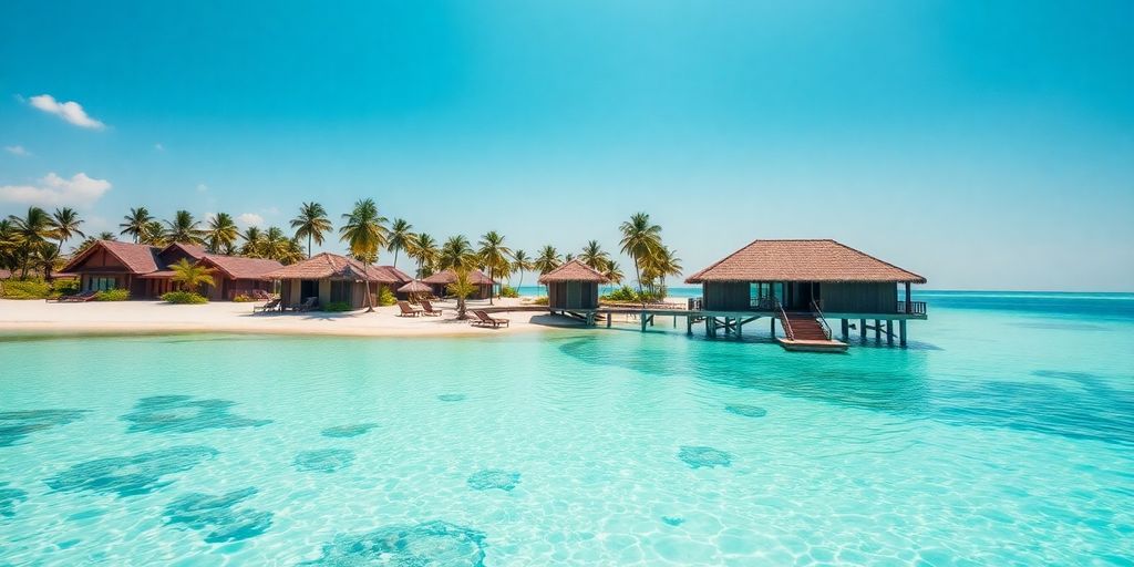 Luxurious Konokono Beach Resort, white sand, turquoise ocean, palm trees, blue sky.