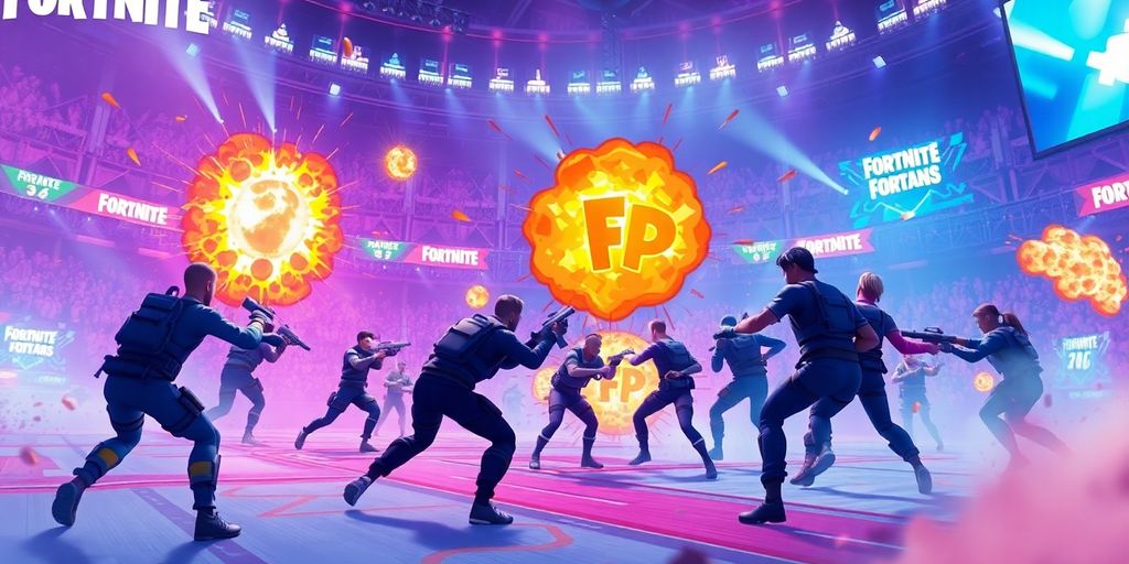 Fortnite players in intense battle, vibrant colors.