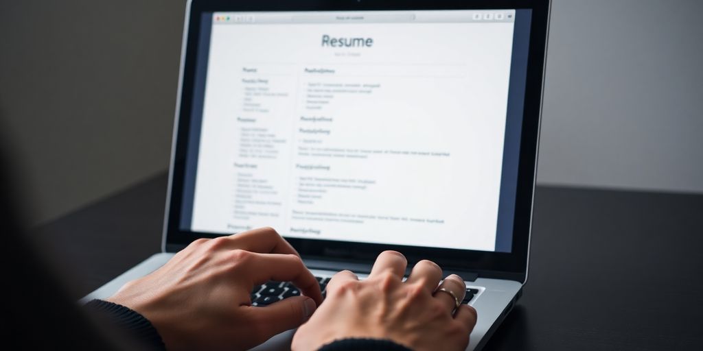 Laptop with resume template visible