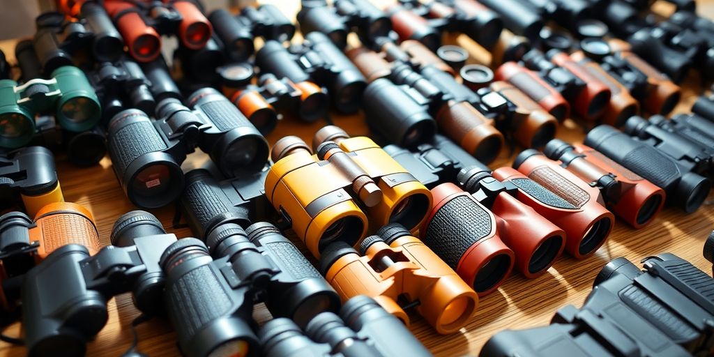 Various binocular models on a wooden surface.