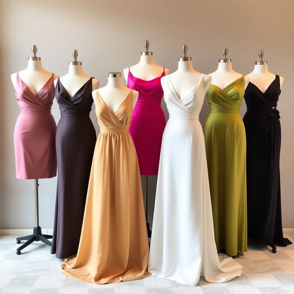 Elegant dresses in different fabrics for various occasions.