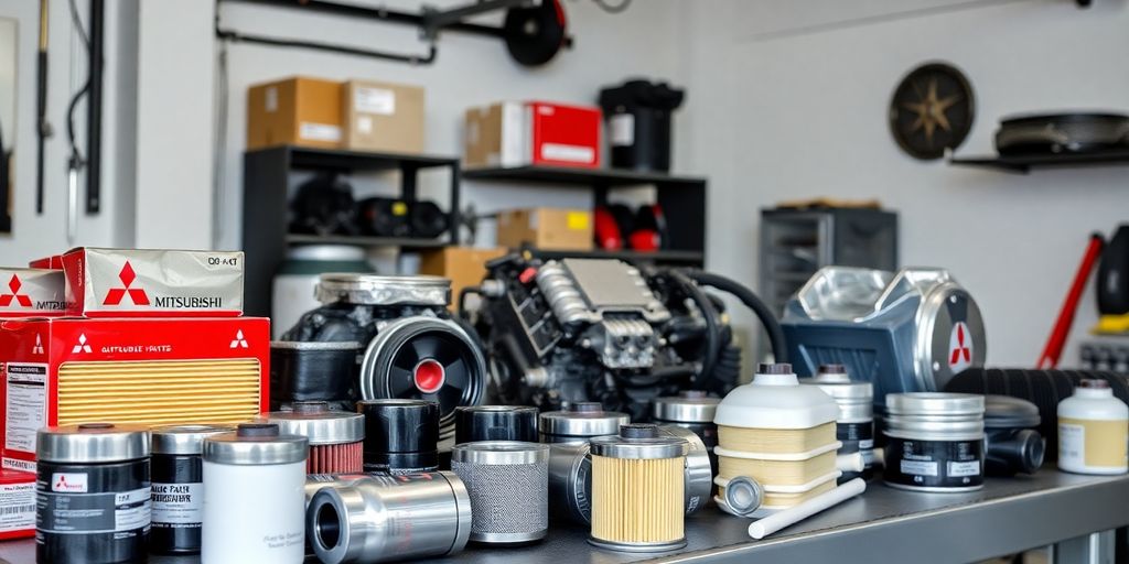 Shiny Mitsubishi car parts laid out neatly in a garage.