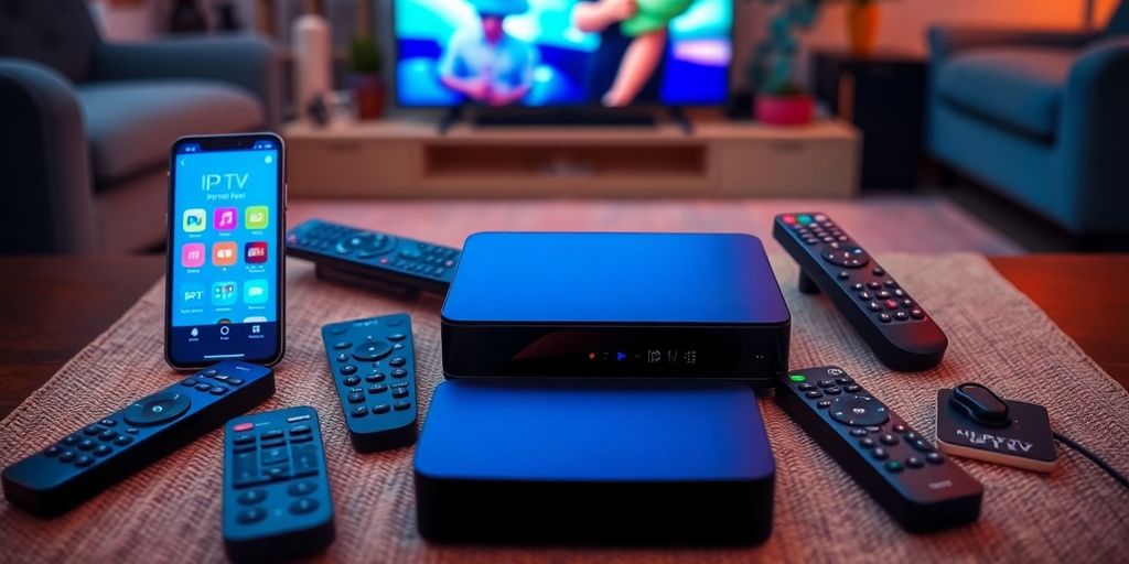 Appareils IPTV sur une table dans un salon moderne.