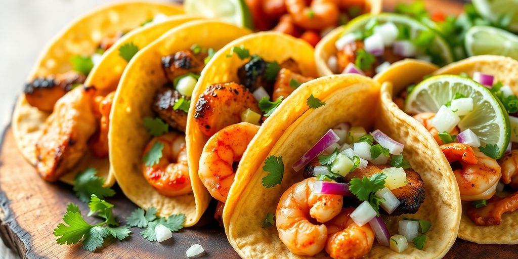Assortment of vibrant, fresh Cabo-style tacos on a platter.