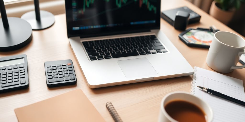 Desk setup with laptop and trading tools for beginners.