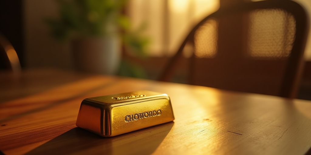 Lingot d'or sur une surface en bois poli.