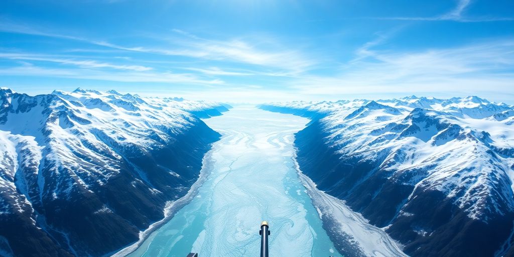 A doors-off helicopter flies above a vast Alaskan glacier.