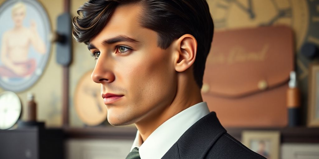 Man in 1920s style with slicked-back hair and suit.