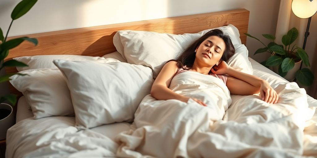 Woman sleeping peacefully in a cozy bedroom setting.