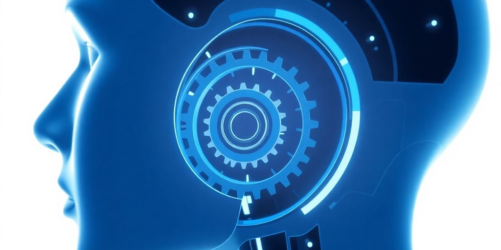 AI agent, gears, minimalistic, digital, sleek, blue, white