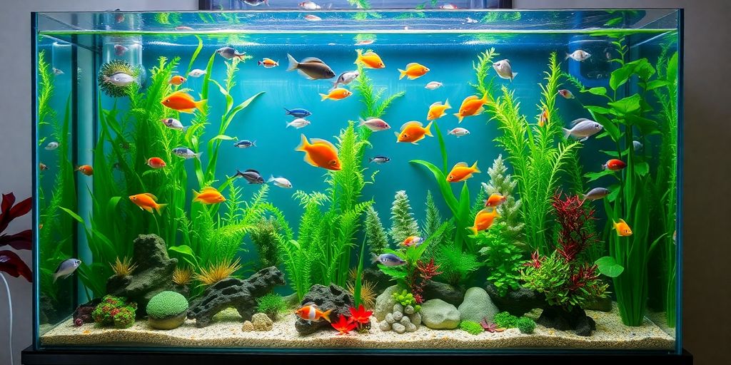 色彩斑斓的鱼在精美设计的水族箱中游动。