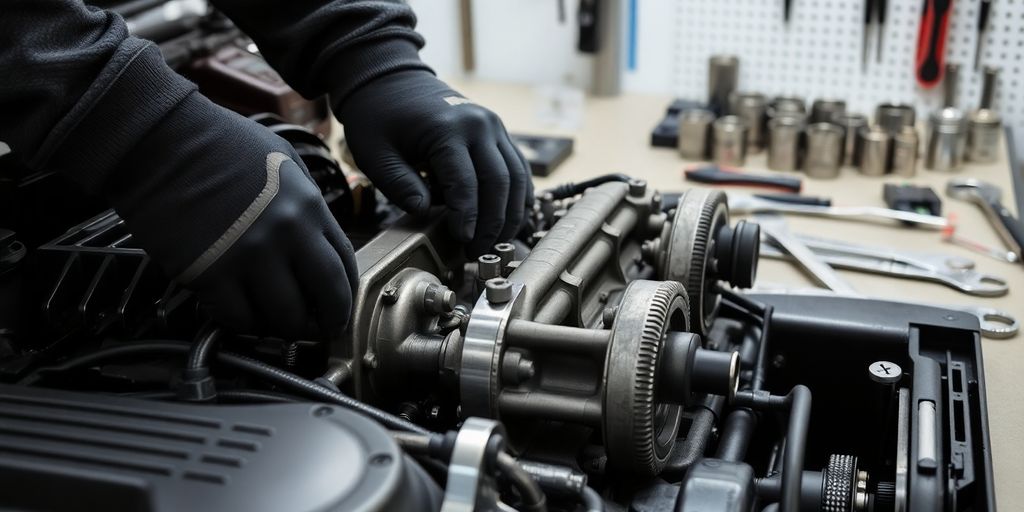 Mechanic fixing car engine.