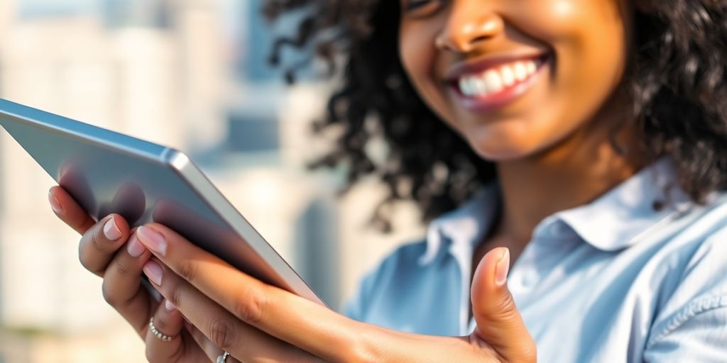Person joyfully looking at a tablet with cityscape