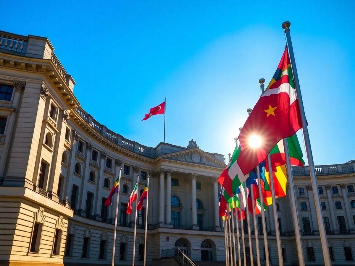 Parlament cu drapeluri și o clădire guvernamentală.