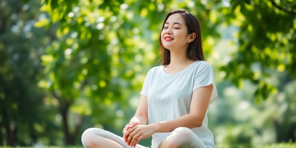 Serene woman meditating outdoors, sunlight, lush greenery, calm expression.