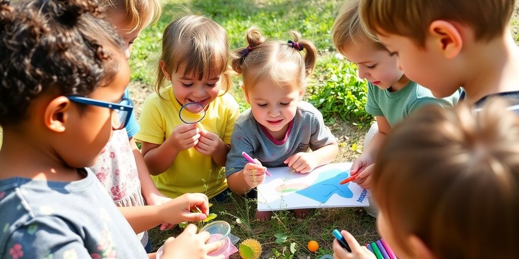 Children exploring nature with magnifying glasses and art supplies.