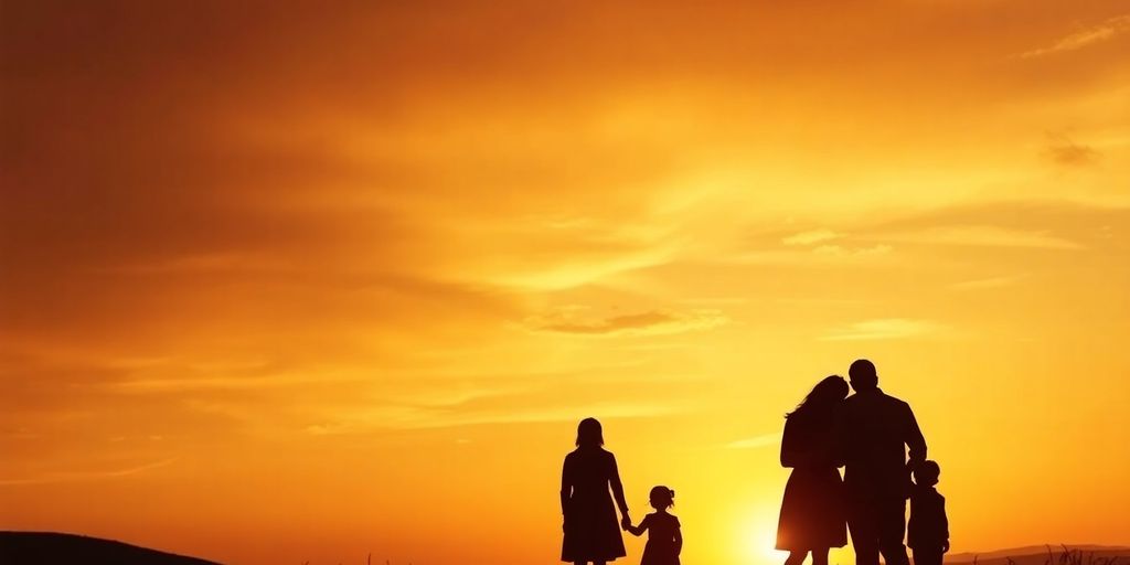 Silhouettes of a family united against a sunset backdrop.