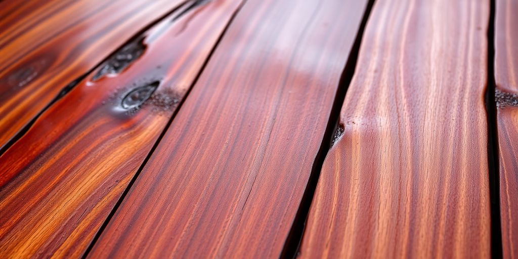 Nabijbeeld van prachtig geïmpregneerd hout met rijke kleuren.